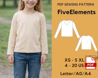 Kids Long Sleeve T-Shirt Sewing Pattern PDF, Basic Crew Neck Top Pattern, Unisex Shirt Pattern, Printable A0 Letter