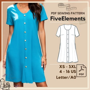 Button Down Women Dress Pattern V Neck Summer Dress PDF Sewing Pattern Party Dress