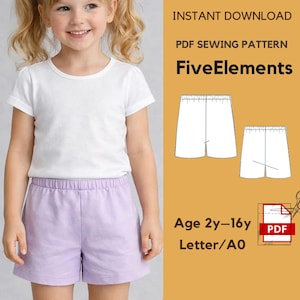 May include: A young person wearing a white t-shirt and light purple shorts. The image includes a PDF sewing pattern with the text "FiveElements" and "Age 2y-16y". The pattern shows shorts designs.
