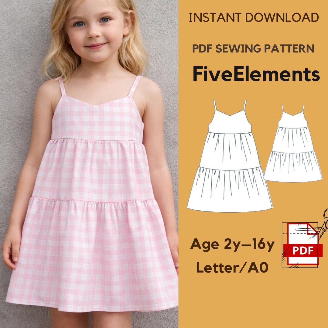 Girls Tiered Dress Sewing Pattern PDF 2Y-16Y, Spaghetti Strap Summer ...
