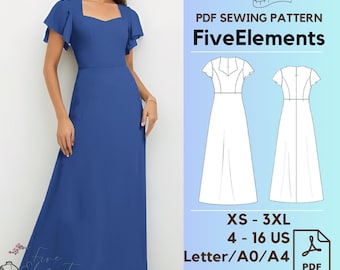 A-line V-Neck Floor-Length Chiffon Bridesmaid Dress With Ruffle Full Length Dress Sewing Pattern PDF