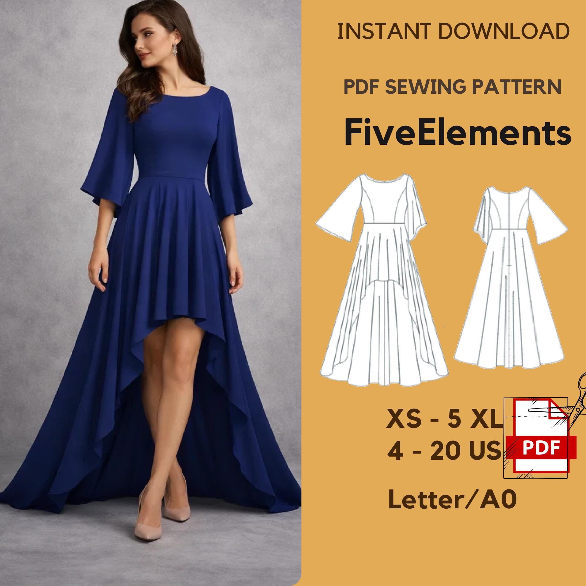 asymmetrical hem dress pattern Bell Sleeve Maxi Sewing Pattern, Boat Neck PDF, Dress, Formal Maxi Dress, XS–5XL, Instant Download color-custom-color Alice + Olivia Clyde Size:Custom Size Free