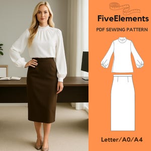 May include: A woman wearing a white blouse with long sleeves and a high collar, paired with a brown pencil skirt. The image also shows a PDF sewing pattern with the text "FiveElements" and "PDF SEWING PATTERN".