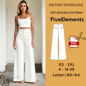 May include: A white PDF sewing pattern for wide-leg trousers. The pattern is for sizes XS-3XL (UK sizes 6-20) and includes instructions for printing on Letter, A0, or A4 paper. The pattern is called "Five Elements".