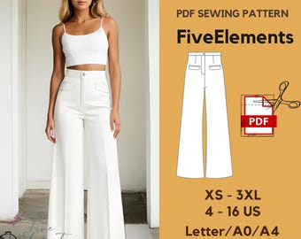 May include: A white PDF sewing pattern for wide-leg pants. The pattern is for sizes XS-3XL (US sizes 4-16) and includes instructions for printing on Letter, A0, or A4 paper. The pattern is called "Five Elements".