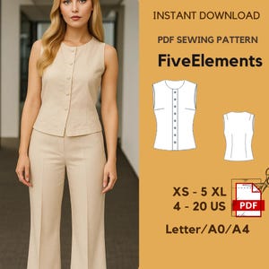 May include: A woman in a beige sleeveless top and trousers. The image features a PDF sewing pattern with the text "FiveElements" and size details: XS-5XL, 4-20 US, and Letter/A0/A4.