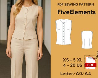Ärmellose Leinen Weste Schnittmuster | Basic Button Down Top | Büro oder Casual altes Geld Outfit PDF | Sommerweste Muster