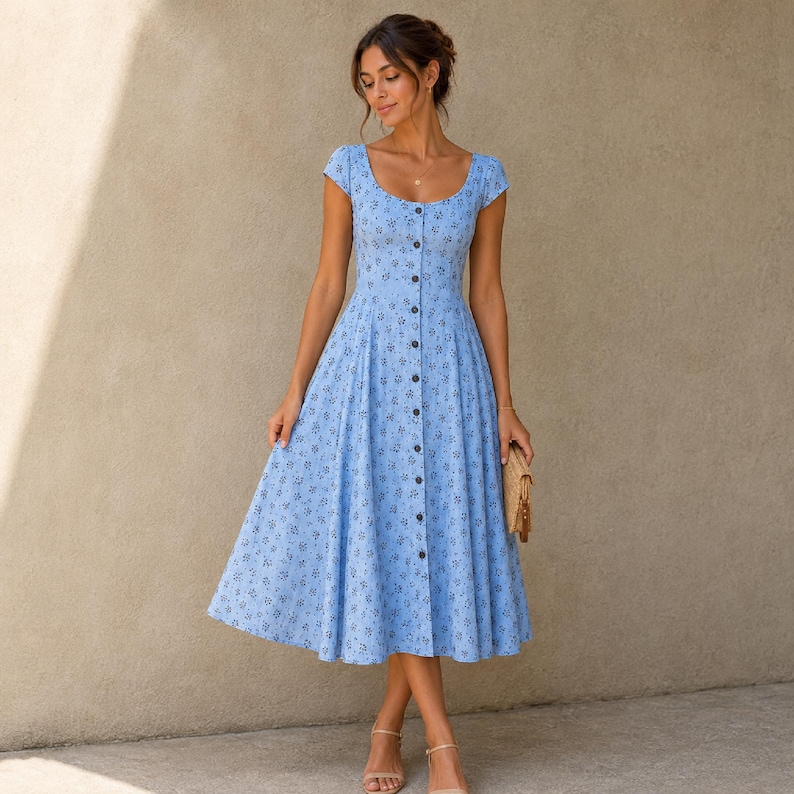 Pode incluir: Um vestido midi azul-claro com um pequeno padr&atilde;o floral azul-escuro, decote redondo, mangas curtas e saia ampla. O vestido apresenta uma fila vertical central de bot&otilde;es que vai desde o decote at&eacute; &agrave; bainha da saia.