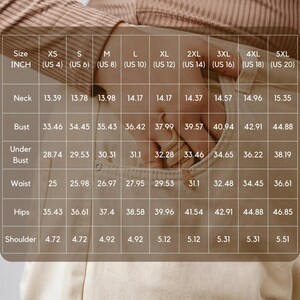 May include: A size chart in inches for clothing measurements, including neck, bust, under bust, waist, hips, and shoulder. Sizes range from XS (US 4) to 5XL (US 20). The chart is displayed on a light beige background.