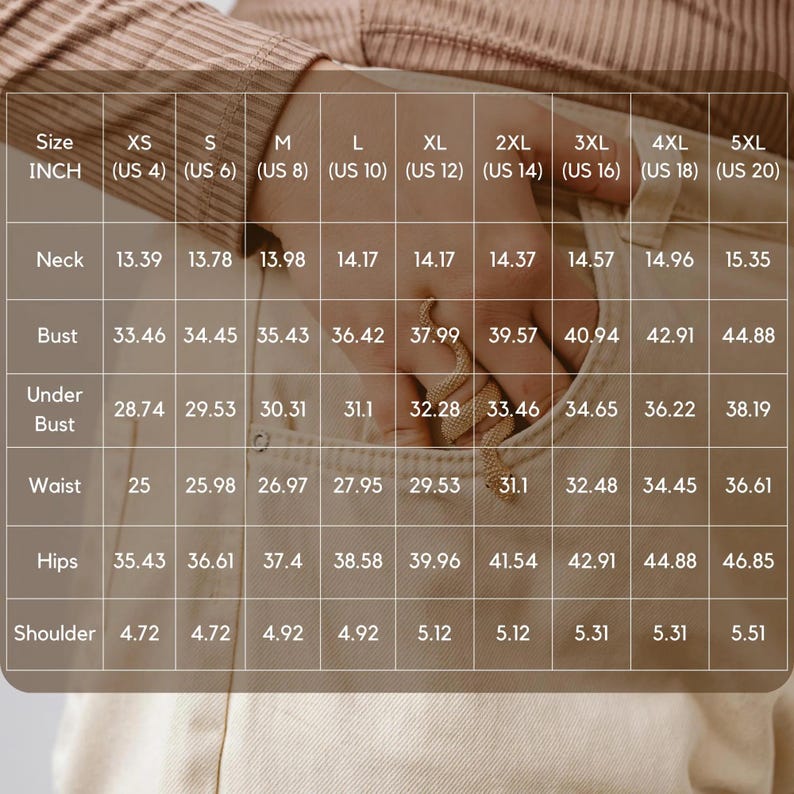 May include: A size chart in inches for clothing measurements, including neck, bust, under bust, waist, hips, and shoulder. Sizes range from XS (US 4) to 5XL (US 20). The chart is displayed on a light beige background.