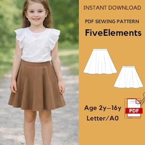 Peut inclure: Une jeune fille porte un haut blanc et une jupe marron. L'image présente également un patron de couture PDF pour une jupe, avec le texte "FiveElements" et "Age 2y-16y". Le patron est disponible en téléchargement instantané.
