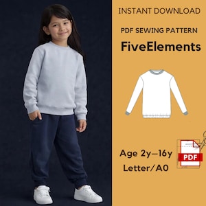 May include: A young person wearing a light blue sweatshirt and navy blue sweatpants, paired with white sneakers. The image includes a PDF sewing pattern with the text "FiveElements" and age range "2y-16y".