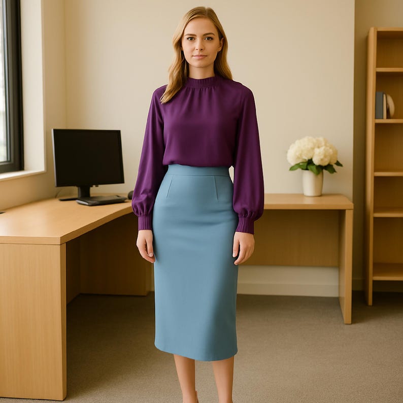 May include: A woman wearing a purple long-sleeved blouse and a light blue pencil skirt. The blouse has a high neckline and the skirt is knee-length. The outfit is suitable for office wear or business attire.