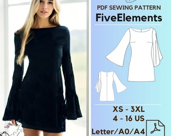 Long Bell Sleeve Mini Dress Sewing Pattern – Boat Neck PDF for Casual & Cocktail Silk Mini Dress PDF