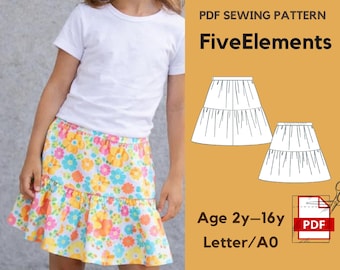 Girls Tiered Skirt Sewing Pattern PDF | Kids Ruffle Skirt Pattern | Elastic Waist Skirt | Children Skirt Pattern | Age 2–16