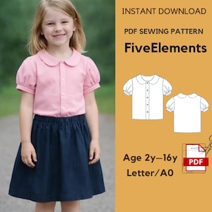 Può includere: Una bambina indossa una camicetta rosa con colletto Peter Pan e una gonna blu navy. L'immagine include un modello di cucito PDF con il testo "FiveElements" e "Age 2y-16y".
