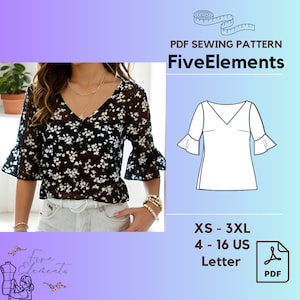 V Neck Blouse PDF Pattern, Flare Sleeve Shirt Sewing Pattern, Women Blouse Beginner Sewing Pattern