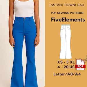Op de afbeelding: Een persoon draagt een felblauwe flared broek met voorzakken en een witte tanktop. De afbeelding bevat een PDF-naaipatroon met de tekst "FiveElements", maten XS-5XL en US maten 4-20.
