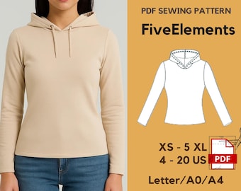 Patrón de costura en PDF para sudadera con capucha / Sudadera clásica con capucha en PDF / Patrón de sudadera de manga larga / XS–5XL / A0/A4/Carta / Descarga digital