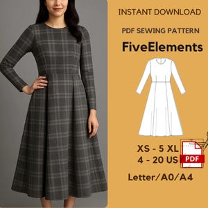 May include: A grey plaid dress with long sleeves, a fitted bodice, and a flared skirt. The image includes a PDF sewing pattern with the text "FiveElements" and size options from XS to 5XL, and US sizes 4-20.