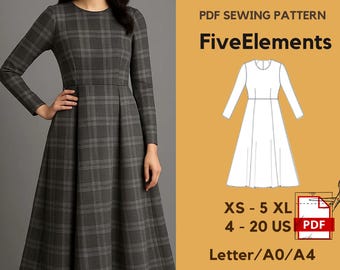 May include: A grey plaid dress with long sleeves, a fitted bodice, and a flared skirt. The image includes a PDF sewing pattern with the text "FiveElements" and size options from XS to 5XL, and US sizes 4-20.