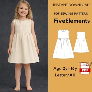 Könnte beinhalten: Ein junges Mädchen trägt ein ärmelloses, cremefarbenes Kleid mit einem eng anliegenden Oberteil und einem ausgestellten Rock. Daneben befindet sich ein PDF-Schnittmuster mit dem Text "FiveElements" und "Age 2y-16y" für ein Kleid.