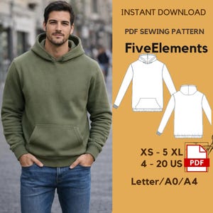 May include: An olive green hoodie with a front pocket and a drawstring hood. The image also includes a PDF sewing pattern with the text "FiveElements", sizes XS-5XL, and US sizes 4-20. The pattern is available in Letter/A0/A4 formats.