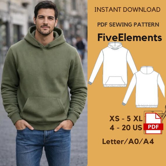 Mens Hoodie Sewing Pattern | Pullover Sweatshirt with Hood & Pocket | PDF Pattern XS–5XL | Easy Digital PDF