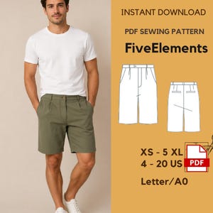 May include: A man wearing olive green shorts and a white t-shirt. The image includes a PDF sewing pattern for shorts, with the text "FiveElements", and size options from XS to 5XL and US sizes 4-20.