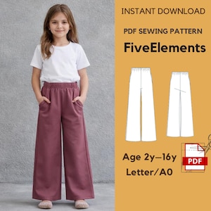 Peut inclure: Une personne porte un t-shirt blanc et un pantalon large mauve. L'image comprend un patron de couture PDF avec le texte "FiveElements" et les détails de taille pour les âges 2y-16y. Le patron est un téléchargement instantané.