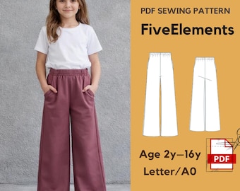 Naaipatroon meisjes wijde pijpen broek PDF | Elastische taillebroek voor kinderen | Patroon peuter- en meisjesbroek 2-16 jaar | Directe download A4 A0