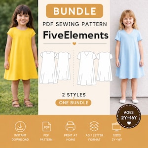 May include: A PDF sewing pattern bundle featuring two styles of dresses for ages 2Y-16Y. The image shows two young girls wearing the dresses, one in yellow and one in light blue. The text on the image reads "BUNDLE" and "FiveElements".