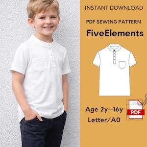 May include: A young boy wearing a white short-sleeved shirt with a pocket and button-up collar. The image also features a PDF sewing pattern with the text "FiveElements" and the age range "2y-16y".