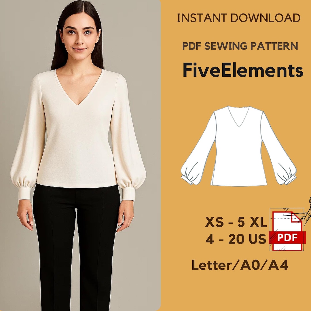 Puff Sleeve Blouse Sewing Pattern | V-neck Top PDF | Long Sleeve Shirt ...