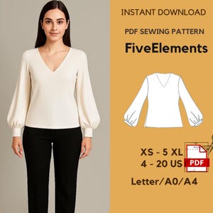 Puede incluir: Una mujer con una blusa crema con cuello en V y mangas largas abullonadas y pantalones negros. La imagen incluye un patrón de costura PDF con el texto "FiveElements" y detalles de tallas: XS - 5 XL, 4 - 20 US.