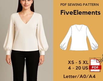 Puff Sleeve Blouse Sewing Pattern | V-Neck Top PDF | Long Sleeve Shirt Pattern | Top sewing Pattern | A0/A4/Letter | Digital Download