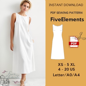 Op de afbeelding: Een witte mouwloze jurk met een ronde hals en zakken. De afbeelding bevat ook een PDF-naaipatroon met de tekst "FiveElements", maten XS-5XL en US maten 4-20. Het patroon is direct te downloaden.