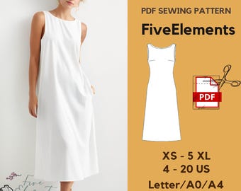 Boat Neck Midi Dress Sleeveless Linen Midi Dress Sewing Pattern PDF