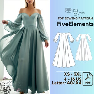 Women Long Midi Dress PDF Pattern Loose Puffy Sleeve Dress Sewing Pattern V Neck Bridesmaid Dress