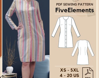 Women pleated long sleeve dress PDF sewing pattern, Button down pockets dress sewing pattern