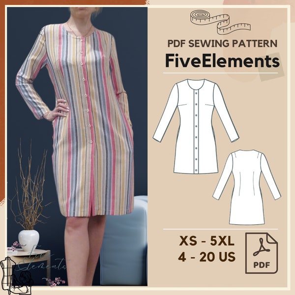 Women pleated long sleeve dress PDF sewing pattern, Button down pockets dress sewing pattern