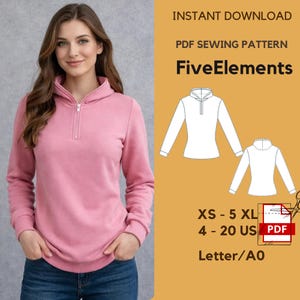 May include: A woman in a pink zip-up sweatshirt. The image features a PDF sewing pattern with the text "FiveElements" and size details: XS-5XL, 4-20 US. The pattern is available for instant download.