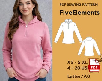Women Hoodie Sewing Pattern PDF | Half Zip Sweatshirt Pattern | Pullover Hoodie | Long Sleeve Top | XS–5XL | US 4–20 | Instant Download