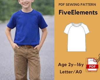 Kids T-Shirt Sewing Pattern PDF | Boys Raglan Sleeve Tee | Children Basic T Shirt Pattern 2–16 Years | Instant Download