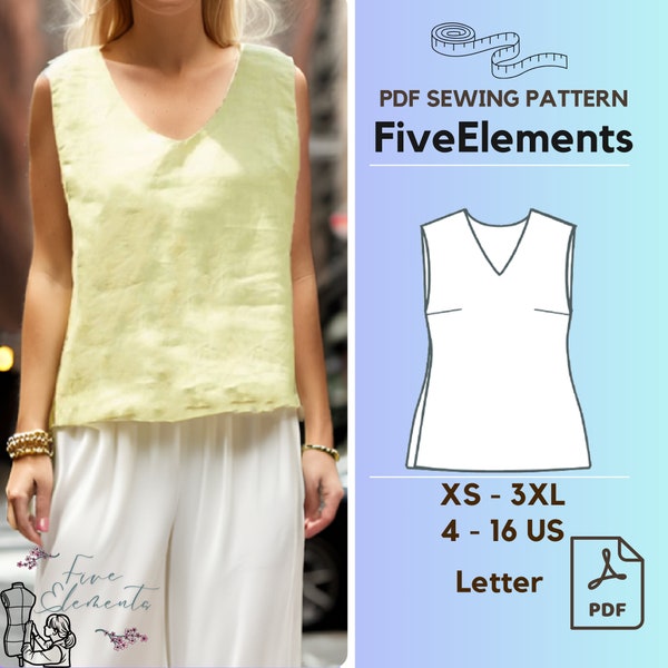 Linen tank top printable PDF Womens Sewing Pattern Leeveless Summer Linen Blouse PDF