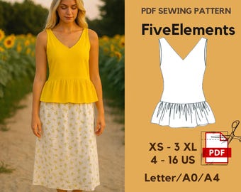 Peplum Ruffle Top Sewing Pattern PDF | Women Top Pattern | Linen Summer Blouse XS–3XL (US 4–16) | Ruffled Top | Blouse Sewing Pattern