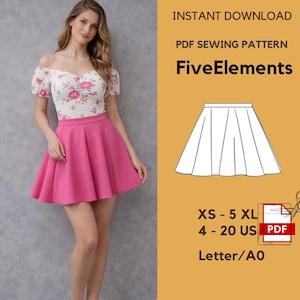 May include: A woman wearing a pink skirt and a floral top. The image also includes a diagram of a skirt and text that reads "INSTANT DOWNLOAD PDF SEWING PATTERN FiveElements XS - 5 XL 4 - 20 US Letter/A0".