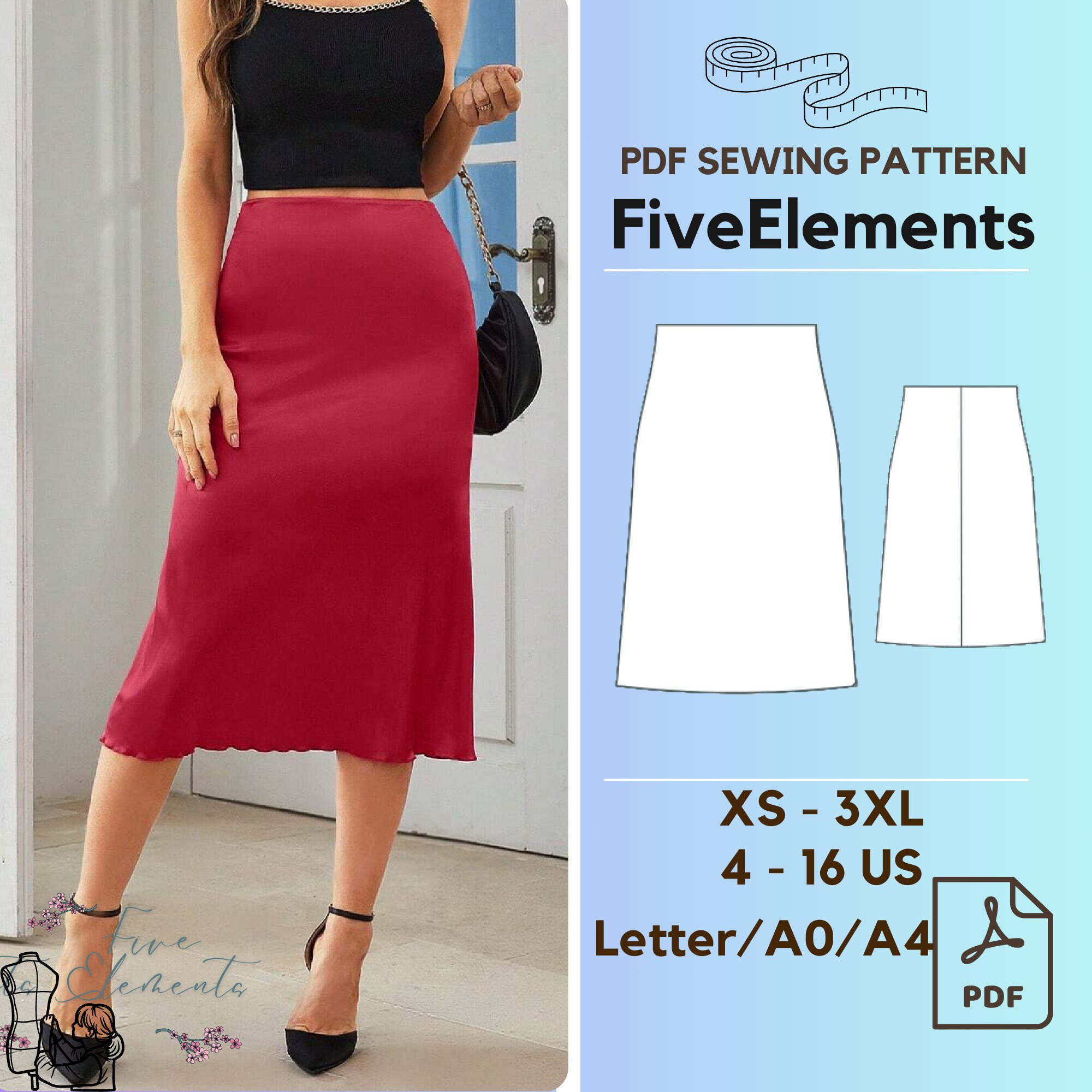 Women's A-line Skirt PDF Pattern, Below Knee Office Skirt