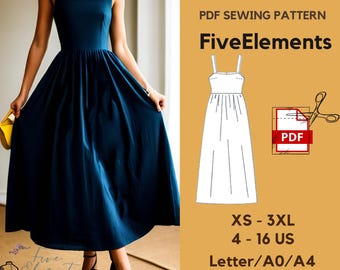 Puede incluir: Un patrón de costura digital PDF para un vestido maxi sin mangas con un escote cuadrado y una falda fruncida. El patrón está disponible en tallas XS a 3XL (tallas españolas 34 a 48) y viene en formatos Letter, A0 y A4. El patrón es para descarga instantánea.