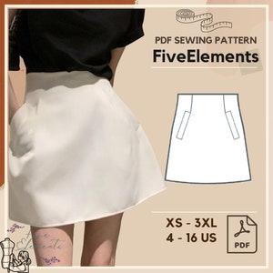Easy Pocket Skirt PDF Sewing Pattern Korean Mini Skirt Pattern Solid Color High Waist Skirt